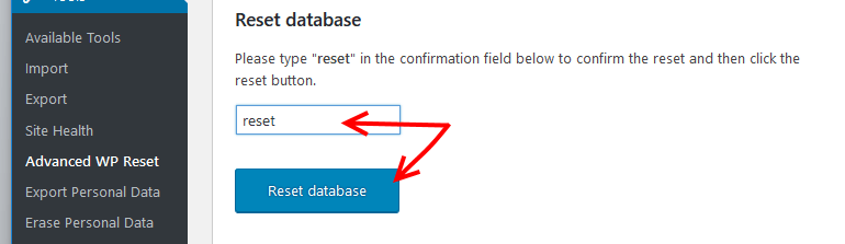 Reset database with Advanced WP Reset plugin