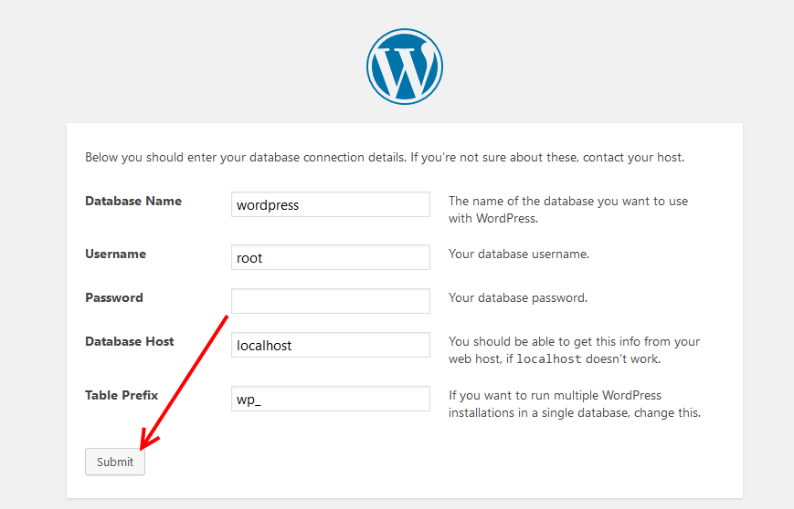 Provide database info and install WordPress