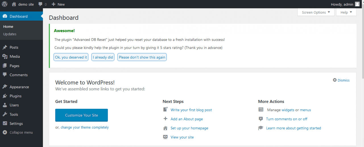 WordPress reset complete