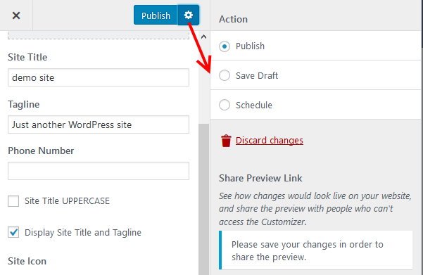 WP Live Customizer tools gear