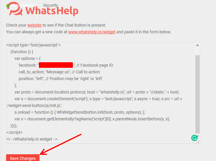 Paste code in Whatshelp Chat Button plugin