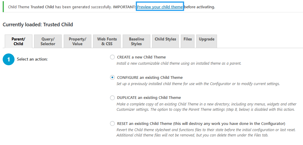 Finish creating child theme