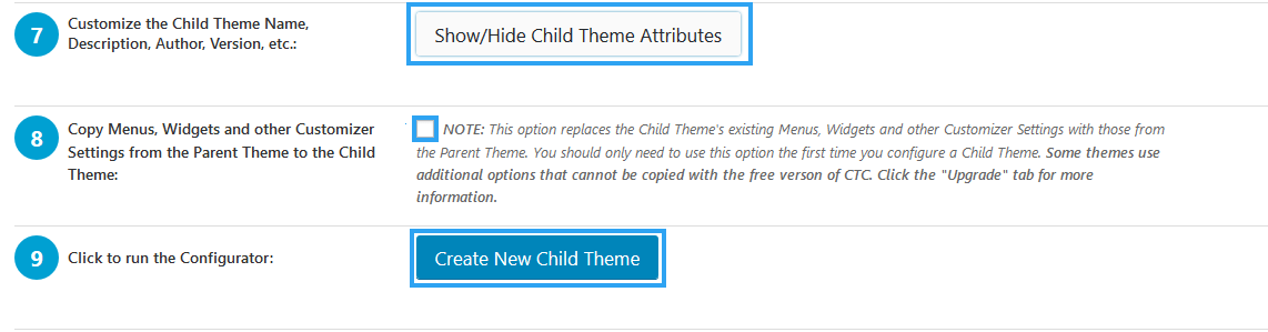 Show or Hide Child Theme attributes