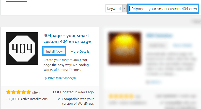 Install 404 page WordPress plugin