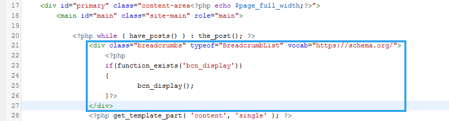 Display breadcrumbs by modifying theme single file