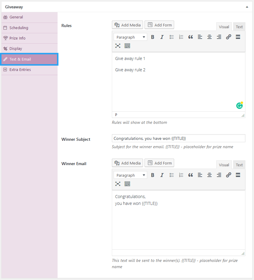 Add texts and email for the giveaway