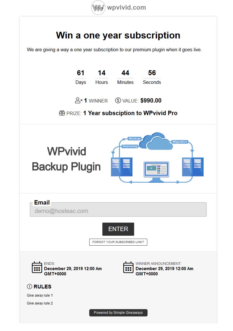 WPvivid giveaway example