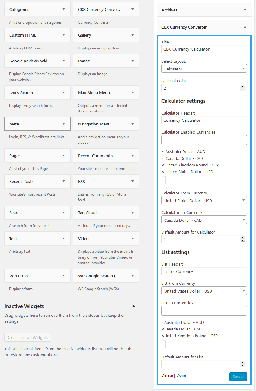 Currency converter widget settings