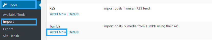 Install Tumblr importer in WordPress