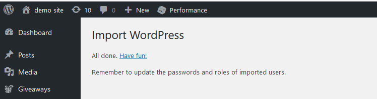 Import WordPress.com website Files Finished