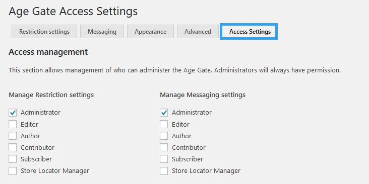 Age Gate access settings