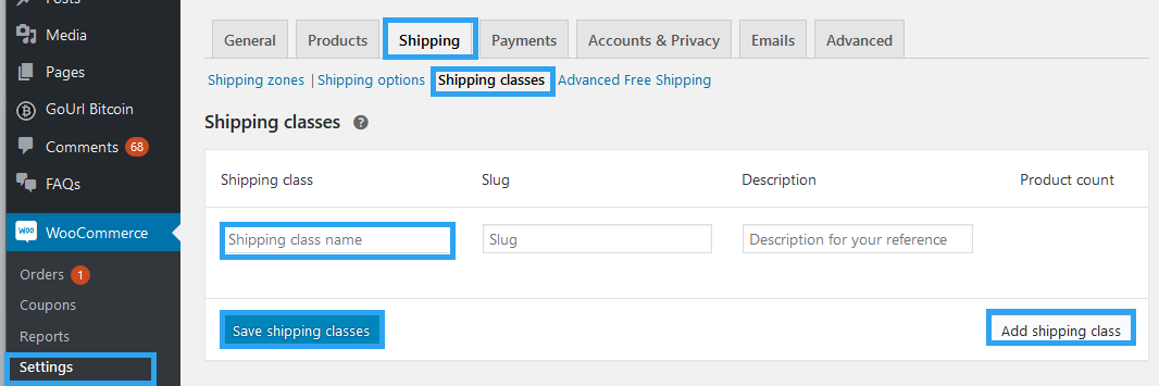 Create shipping class WooCommerce