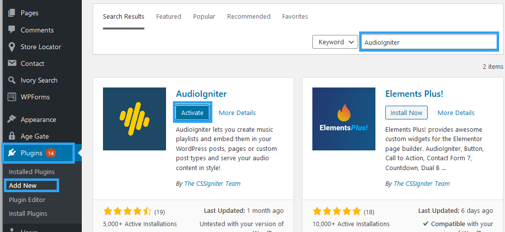 Install and activate AudioIgniter plugin