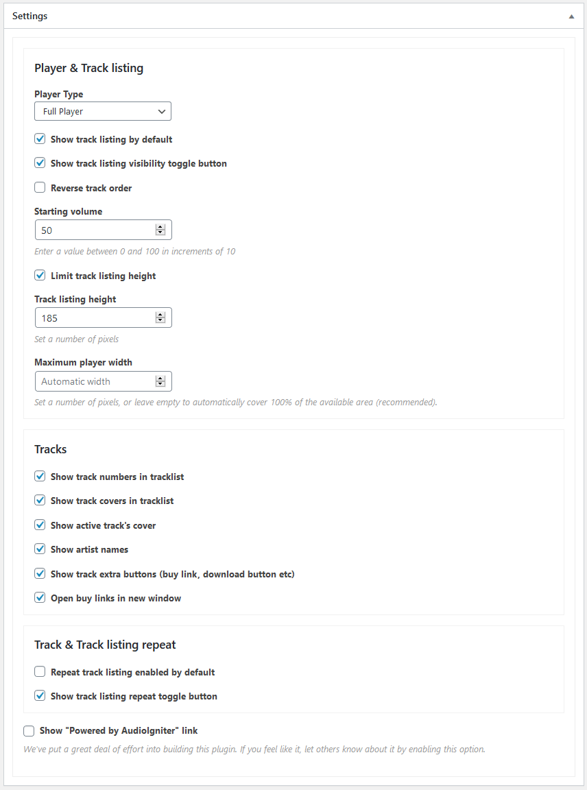 WordPress AudioIgn plugin settings