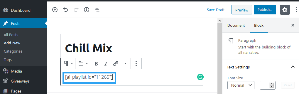 Paste playlist shortcode in post
