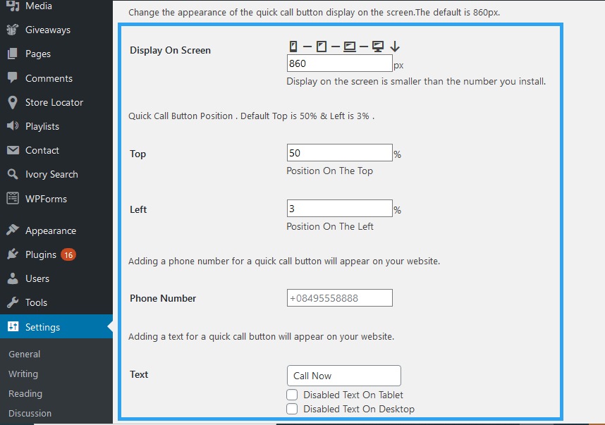 Click to call button settings