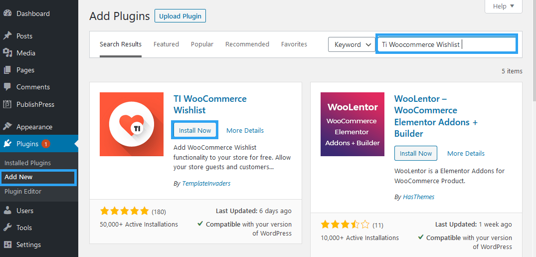 Install Ti WooCommerce Wishlist plugin