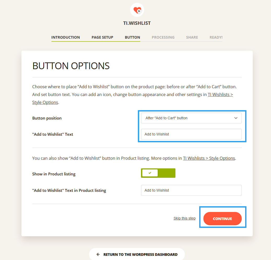 Ti WooCommerce Wishlist setup button