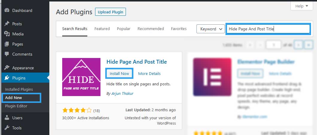 Install Hide Page Post Title plugin