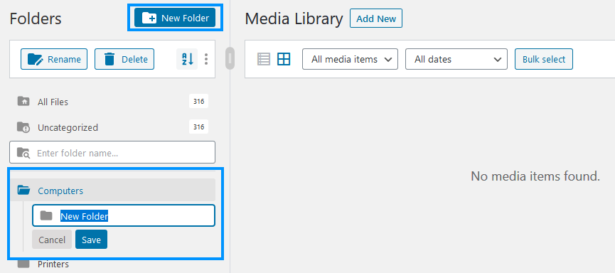 FileBird Media Library Create Subfolder