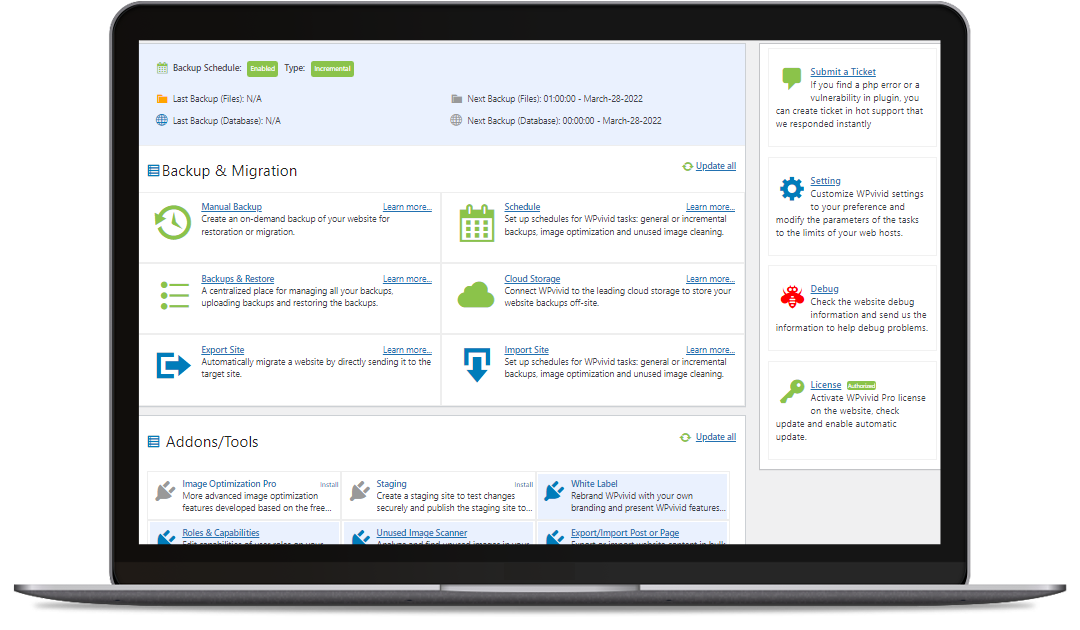 WPvivid Backup & Migration Dashboard