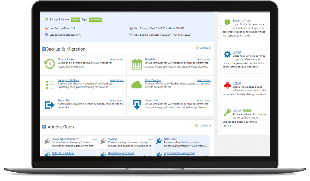 WPvivid Backup & Migration Dashboard