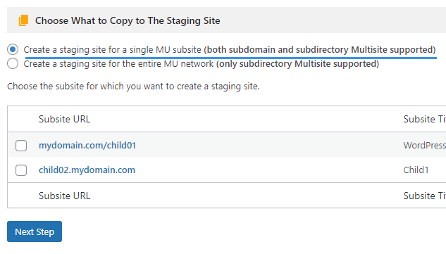 Child site staging - Multisite