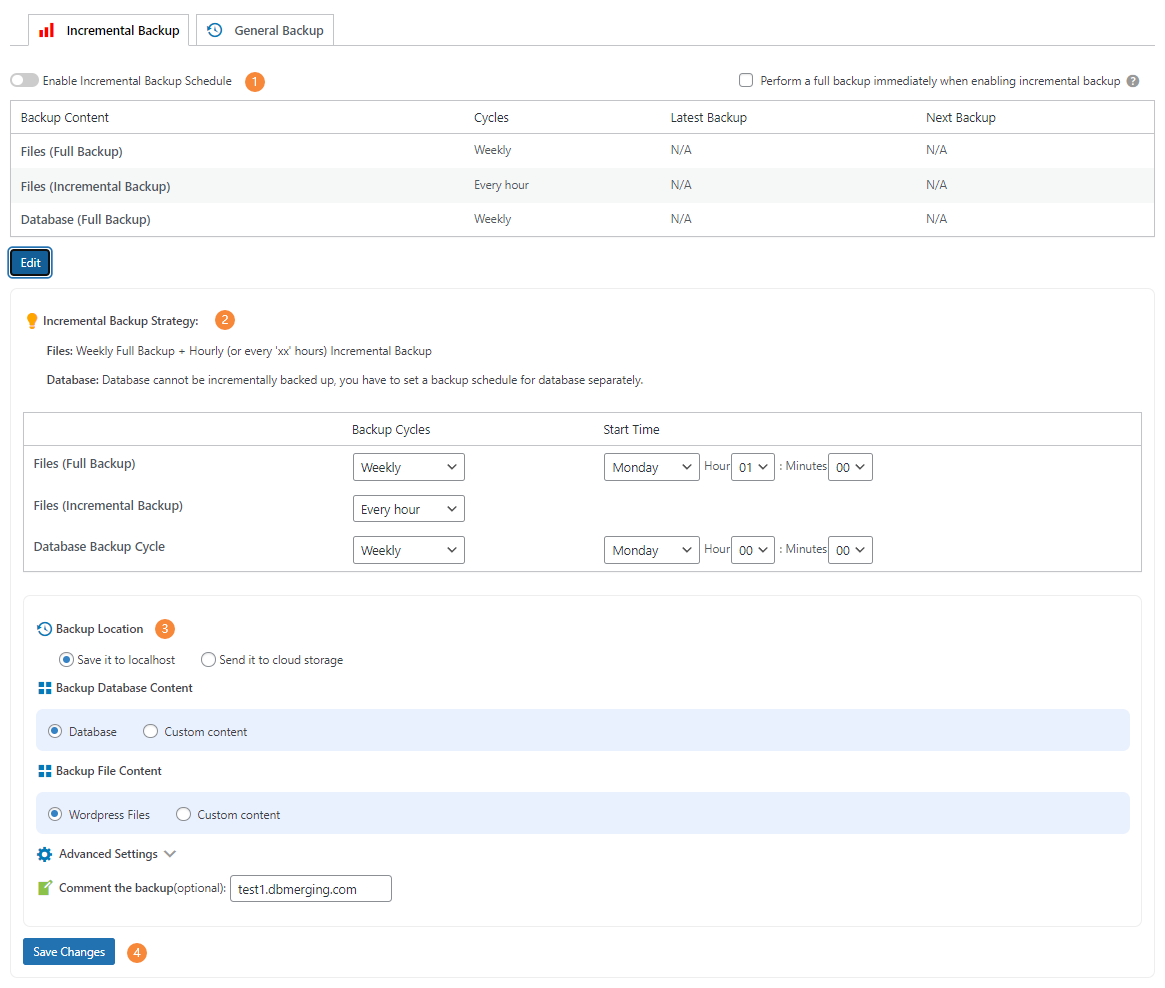 Incremental backup schedule